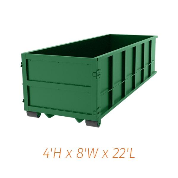 the twenty yard dumpsters have the capacity to hold up to 20 cubic yards of material with a weight limit of 3 to 4 tons